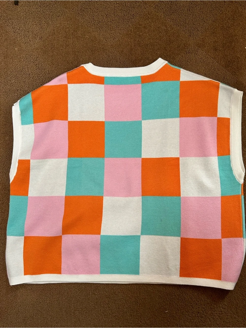 Amazon Colorblock Checkerboard Sleeveless Crop Top - Orange, Pink, Teal & White - Picture 3 of 3
